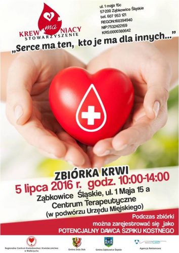 Plakat zbiórki krwi w Ząbkowicach Śląskich 5 lipca, w godzinach 10 - 14, ulica 1 Maja 15a, Centrum Terapeutyczne w podwórzu Urzędu Miejskiego