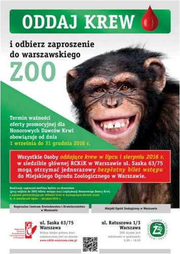 Plakat - oddaj krew i odbierz zaproszenie do warszawskiego ZOO