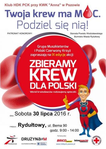 Plakat akcji - Twoja krew ma moc. Podziel się nią! Czerwone krwinki i ubrany na czerwono superbohater