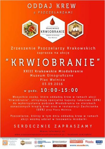 Plakat: Oddaj krew z pszczelarzami - XXIII Krakowskie Miodobranie, Muzeum Etnograficzne, Plac Wolnica, 3 września, 10 - 15