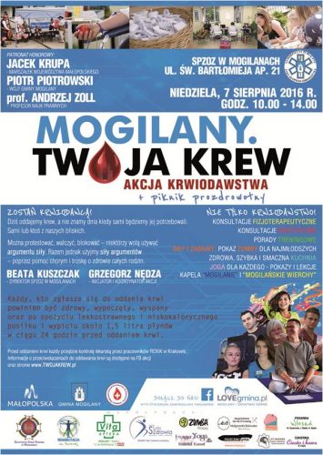 Plakat: Mogilany. Twoja krew. Akcja krwiodawstwa + piknik prozdrowotny. SPZDZ w Mogilanach, niedziela, 7 sierpnia 2016 r., godz. 10 - 14