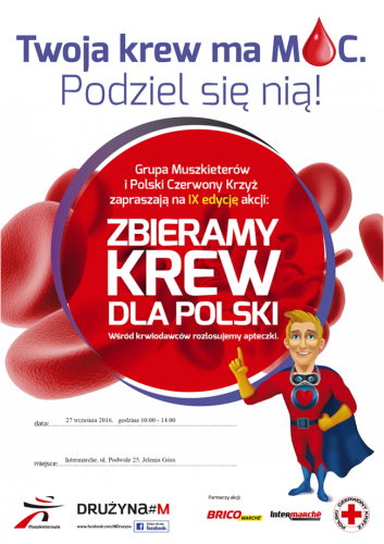 Plakat: zbieramy krew dla Polski , 27 września, od 10 do 14, pod Intermarche w Jeleniej Górze