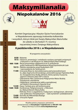Plakat: 8 października w Niepokalanowie, w godzinach 9 - 15 odbędzie się zbiórka krwi przed Sanktuarium MB Niepokalanej Wszechpośredniczki Łask