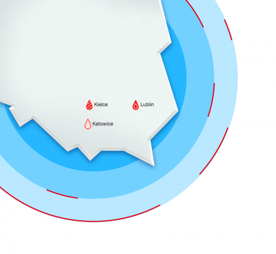 mapa Polski z zaznaczonymi miastami: Kielcami, Katowicami i Lublinem