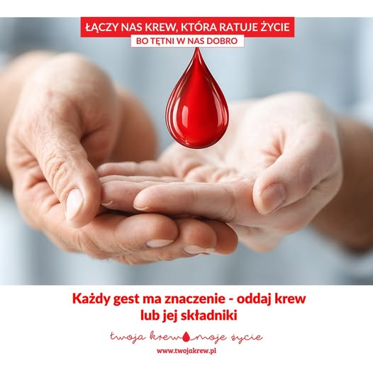Na górze grafiki znajduje się hasło „Łączy nas krew, która ratuje życie. Bo tętni w nas dobro”, umieszczone na biało-czerwonym tle. W centralnej części widać zbliżenie dwóch otwartych dłoni – nad nimi unosi się trójwymiarowa, czerwona kropla krwi symbolizująca dar i pomoc. U dołu, na białym tle, czerwonym fontem widnieje napis: „Każdy gest ma znaczenie – oddaj krew lub jej składniki”. Pod nim znajduje się logo kampanii „twoja krew – moje życie” oraz adres strony internetowej www.twojakrew.pl