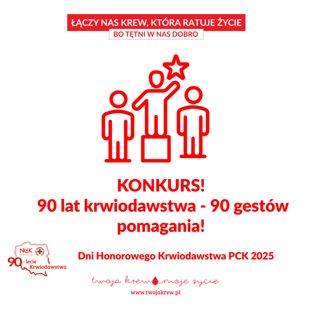 U góry widoczny slogan kampanii: „Łączy nas krew, która ratuje życie – bo tętni w nas dobro”. Na dole grafiki umieszczono logo kampanii „Twoja krew, moje życie” i adres strony www.twojakrew.pl. Na grafice czerwony rysunek trzech osób stojących na podium, środkowa trzyma w dłoni gwiazdę. Napis: „KONKURS! 90 lat krwiodawstwa - 90 gestów pomagania! Dni Honorowego Krwiodawstwa PCK 2025”.